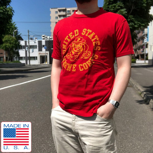 70's/米軍/USMC/半袖Tシャツ/赤系【M】両面フロッキープリント 