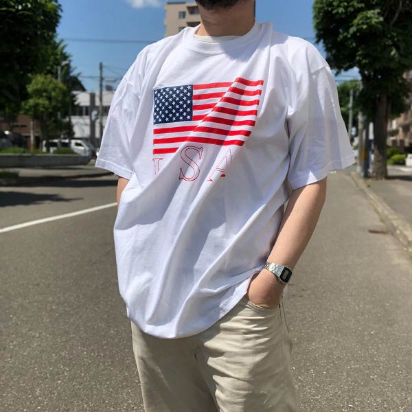 新品/旧タグGILDAN/USA星条旗/ビッグフラッグ/プリント/半袖Tシャツ/白