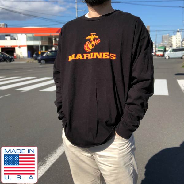 USMC アメリカ海兵隊 両面プリント長袖Tシャツ ロンT ネイビー