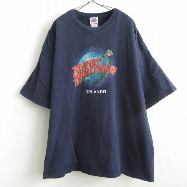 90's USA製 PLANET HOLLYWOOD ORLAND デカロゴ 半袖Tシャツ 紺系 XXL 