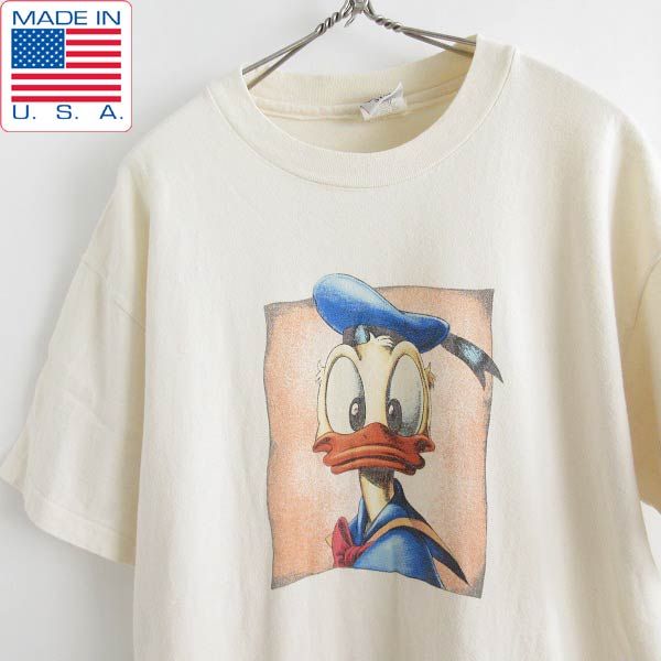 90's USA製 ディズニー ドナルドダック 半袖Tシャツ L クリーム系