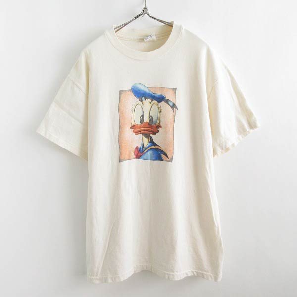 90's USA製 ディズニー ドナルドダック 半袖Tシャツ L クリーム系