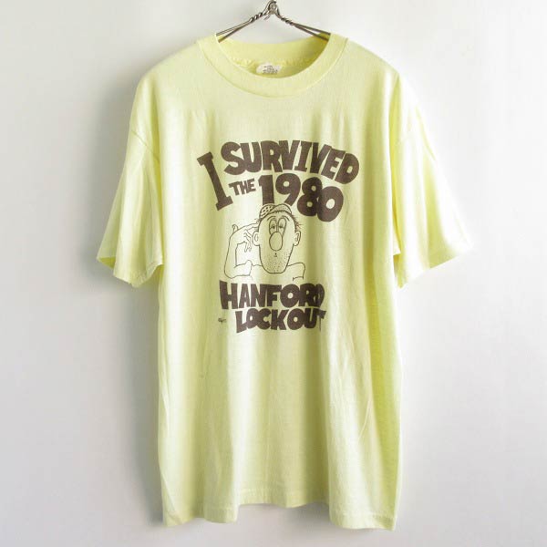 80s USA製 染み込みプリント 風刺 半袖Tシャツ 黄色系 L程度 イエロー 