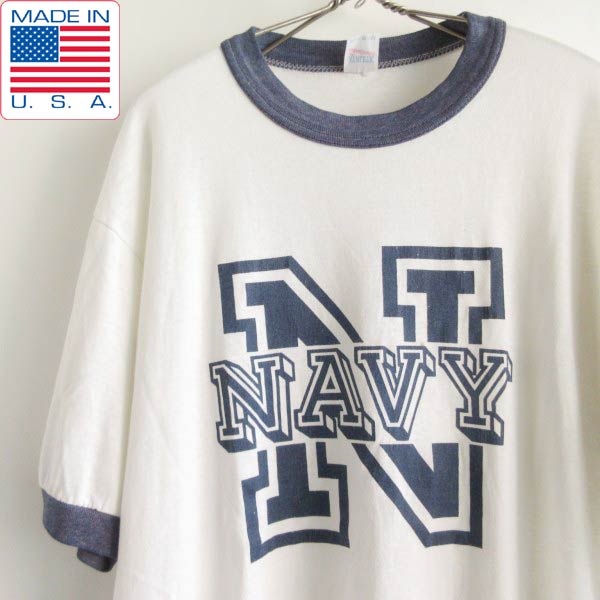 80s USA製 実物 米軍 NAVY 半袖 リンガー Tシャツ 白×紺系 M-L程度 US