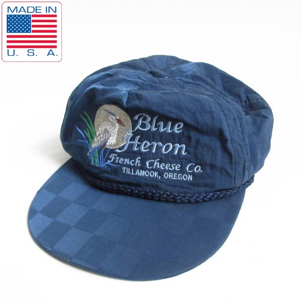 80s USA製 鳥刺繍 blue heron 青サギ キャップ 格子柄 紺系 